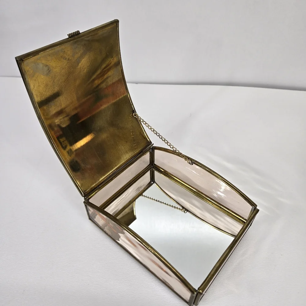 VTG Enesco Bride‎ Brass Trinket Box Hand Crafted Glass Made In MEXICO MCM